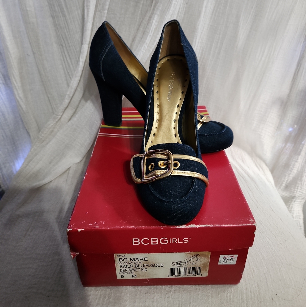 BCBGirls Navy Denim Block Heel Pumps with Gold Buckle